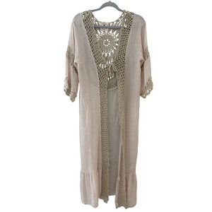 Muche et Muchette Beige Crochet Lace Duster Cardigan‎ Open Front Boho O/S
